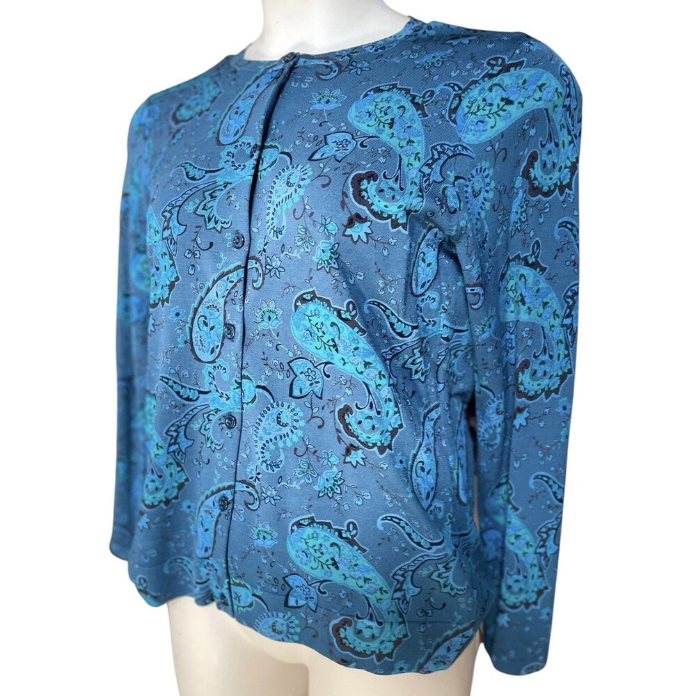 75% Silk Blend Pendleton Blue Green Sweater Floral Paisley Full Zip Cardigan